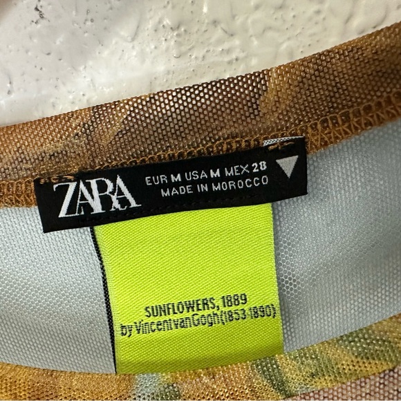 Zara Womens Sunflowers Van Gogh Mesh Bodysuit Sz Medium Yellow Long Sleeve - Picture 7 of 7
